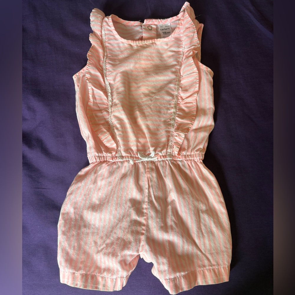 Pink and white striped romper -18 mos